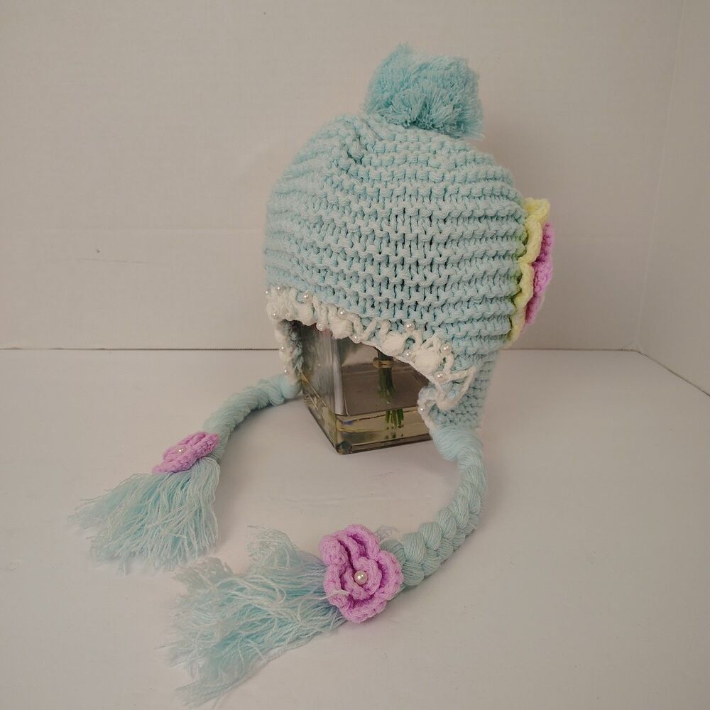 Handmade Crochet Pastel Beanie Winter Hat Child / Small Adult Tassels Flowers #6